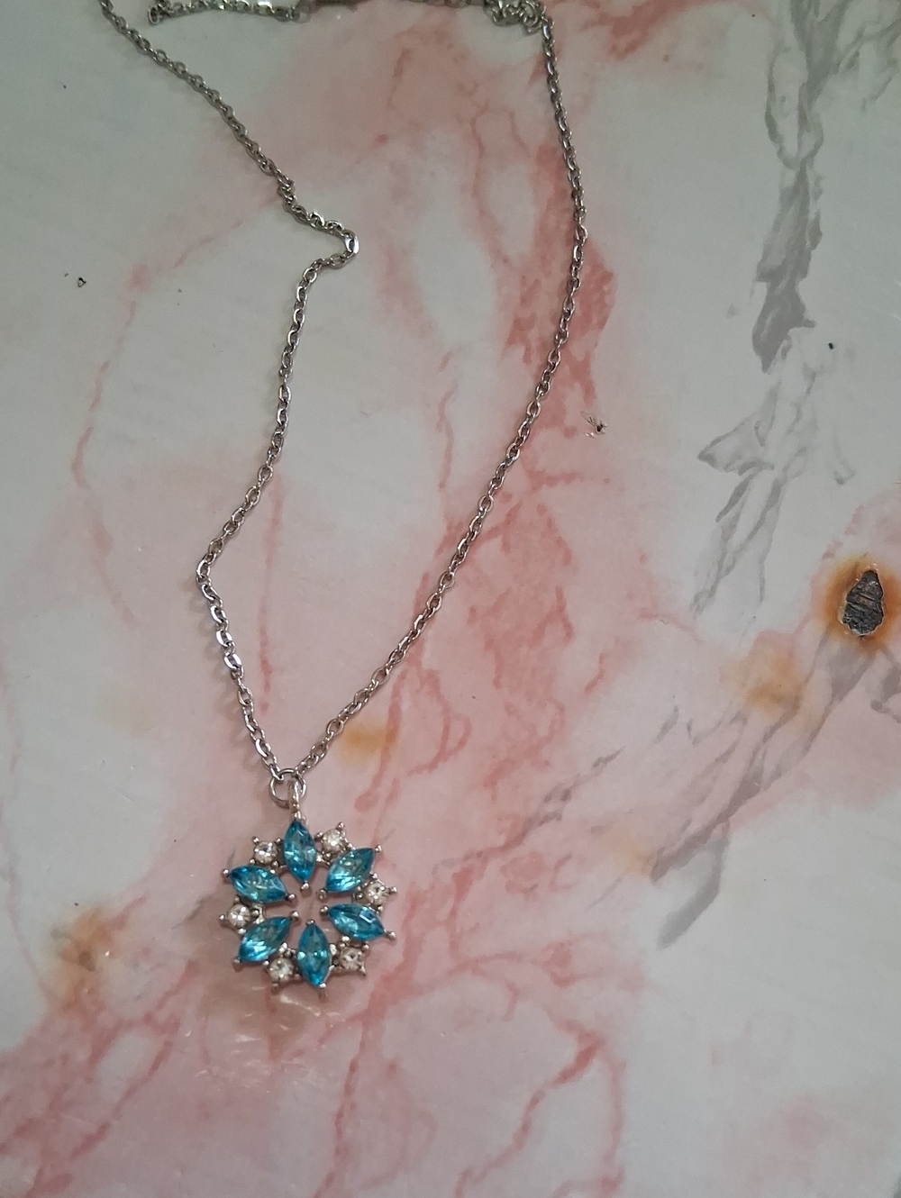 Source Unknown Silver Necklace with Blue Floral Crystal Pendant